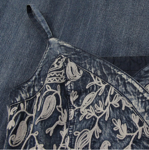 rochie denim jeans blugi cu broderie florala decorativa bretele lunga midi